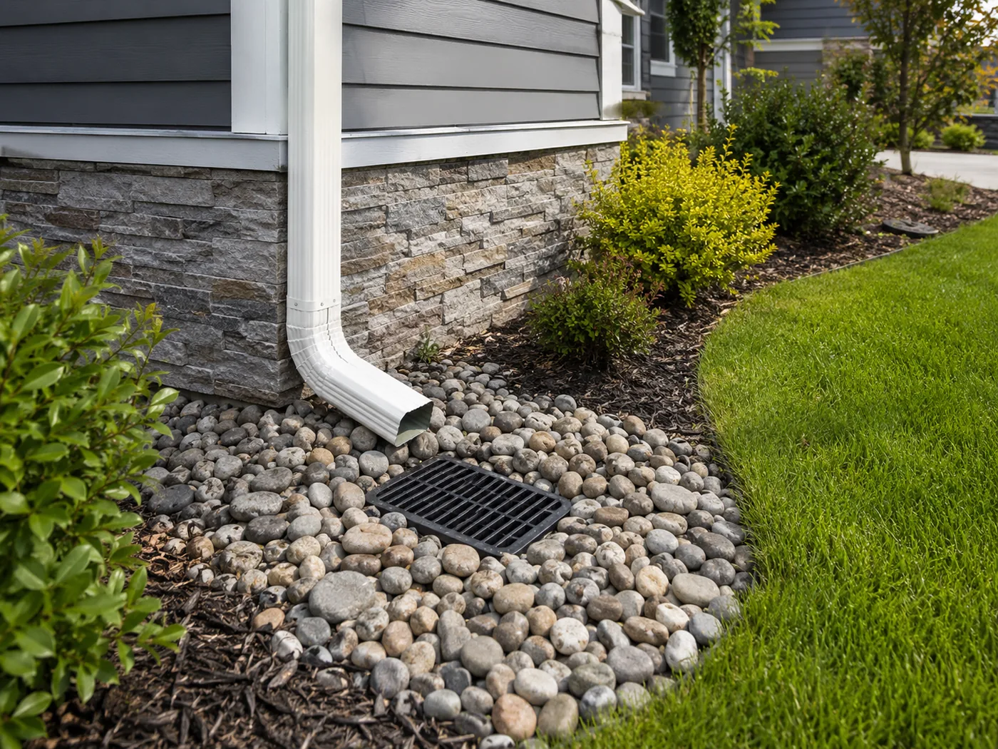 A downspout draining into a grated catch basin surrounded by river rock along a home's foundation