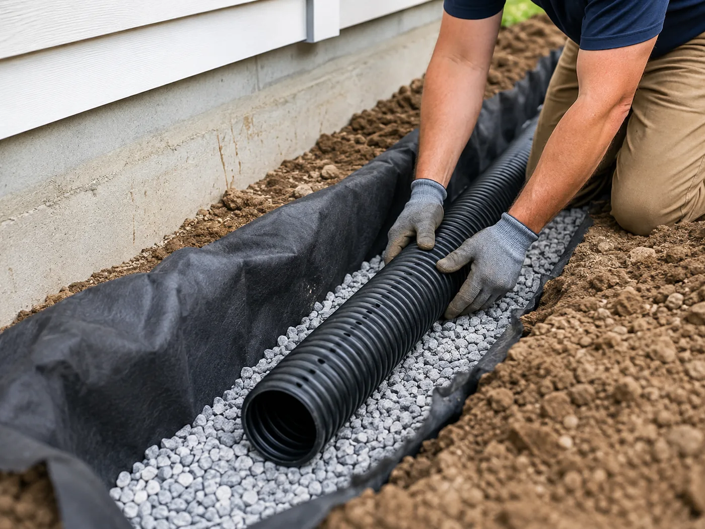 Close-up of a French drain trench being installed, with perforated pipe set in gravel
