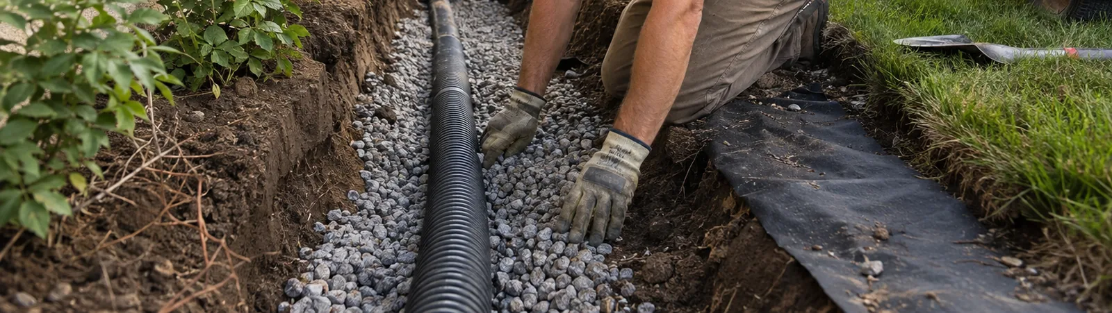 Close-up of hands installing a French drain trench along a home's foundation, setting perforated pipe in gravel