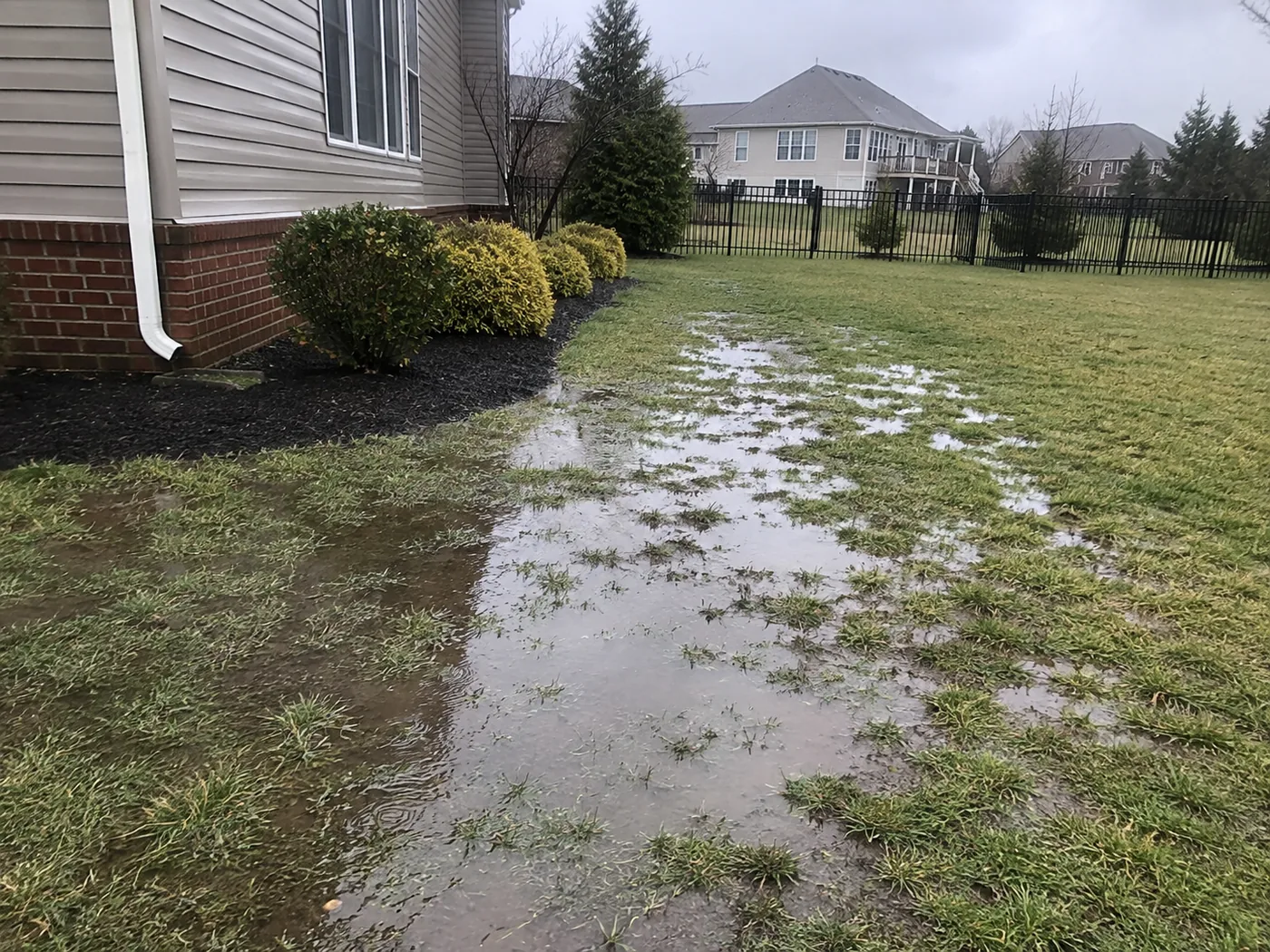 Standing water pooling across a backyard lawn near a home's foundation after rain