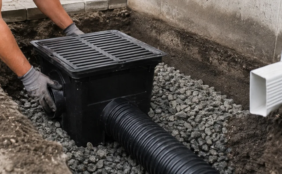 Hands installing a grated catch basin connected to corrugated drain pipe near a home's foundation