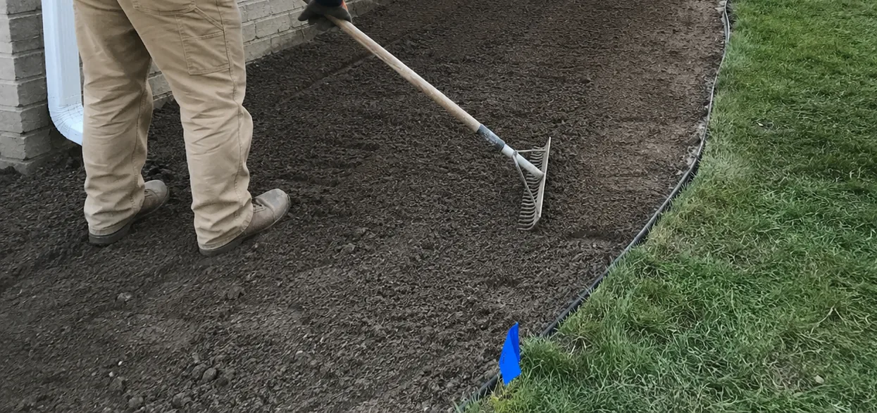 A rake leveling soil in a backyard being regraded for drainage, next to a lawn edge
